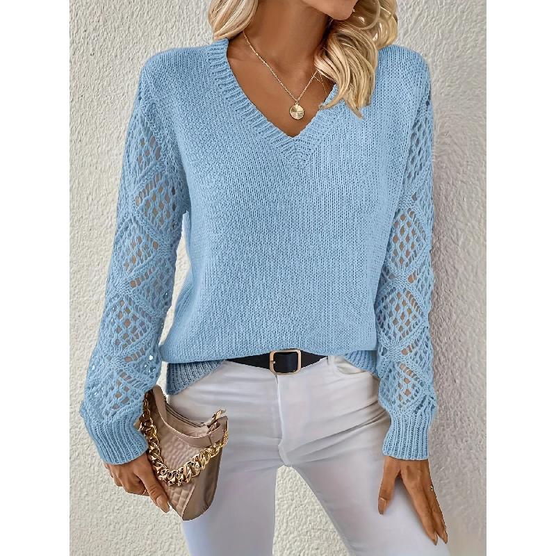 2026 Spring and Autumn New Hollow Knit Sweater for Women, V-neck Pullover, Long Sleeve