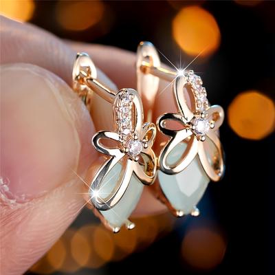 Charm Female White Zircon Stone Flower Hoop Earrings Luxury Gold Color Wedding Jewelry For Women