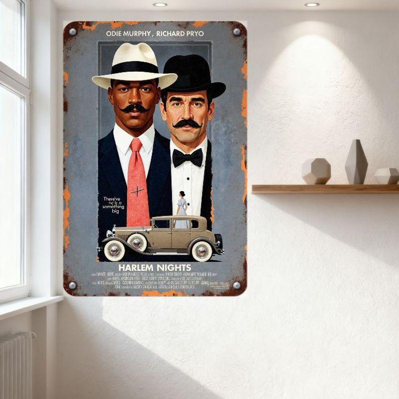 Vintage Harlem Nights Metal Tin Sign, Movie Poster Style Wall Decor with Stylized Men & Car, Rusty Texture for Man Cave Bar Café
