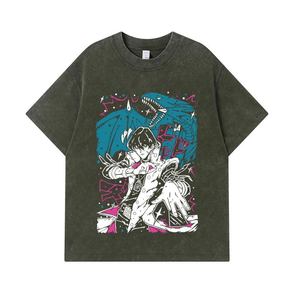 275 GSM Washed T-shirts 100% Cotton Yu-Gi-Oh V7 Seto Kaiba Print Unisex Heavy Cotton T Shirt S