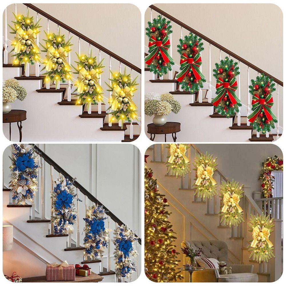 Red Bow Christmas Wreath Pine Cone PE Leaf Staircase Arrangement Simulation Plant Upside Down Design Rattan Decoration