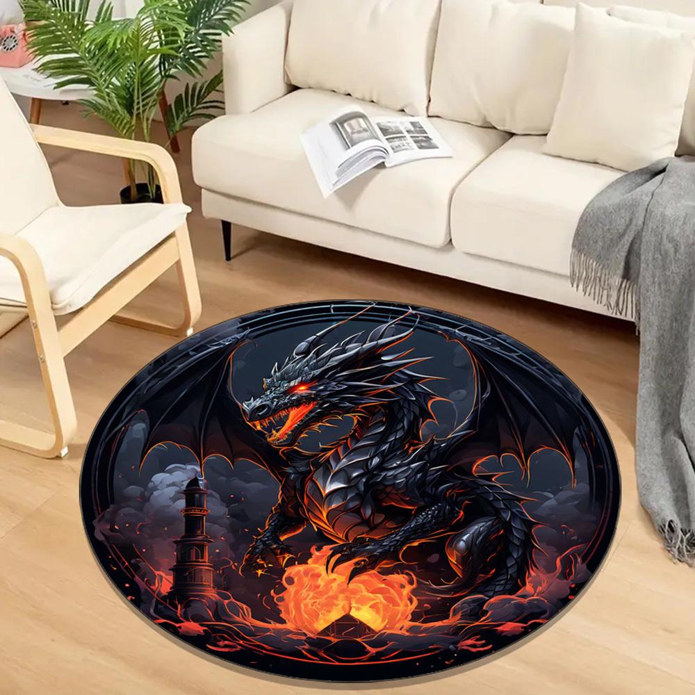 Polyester Round Rug with Black Dragon Design for Living Room, Bedroom, Gaming Room - Durable Crystal Velvet Carpet Chair Mat, Ea
