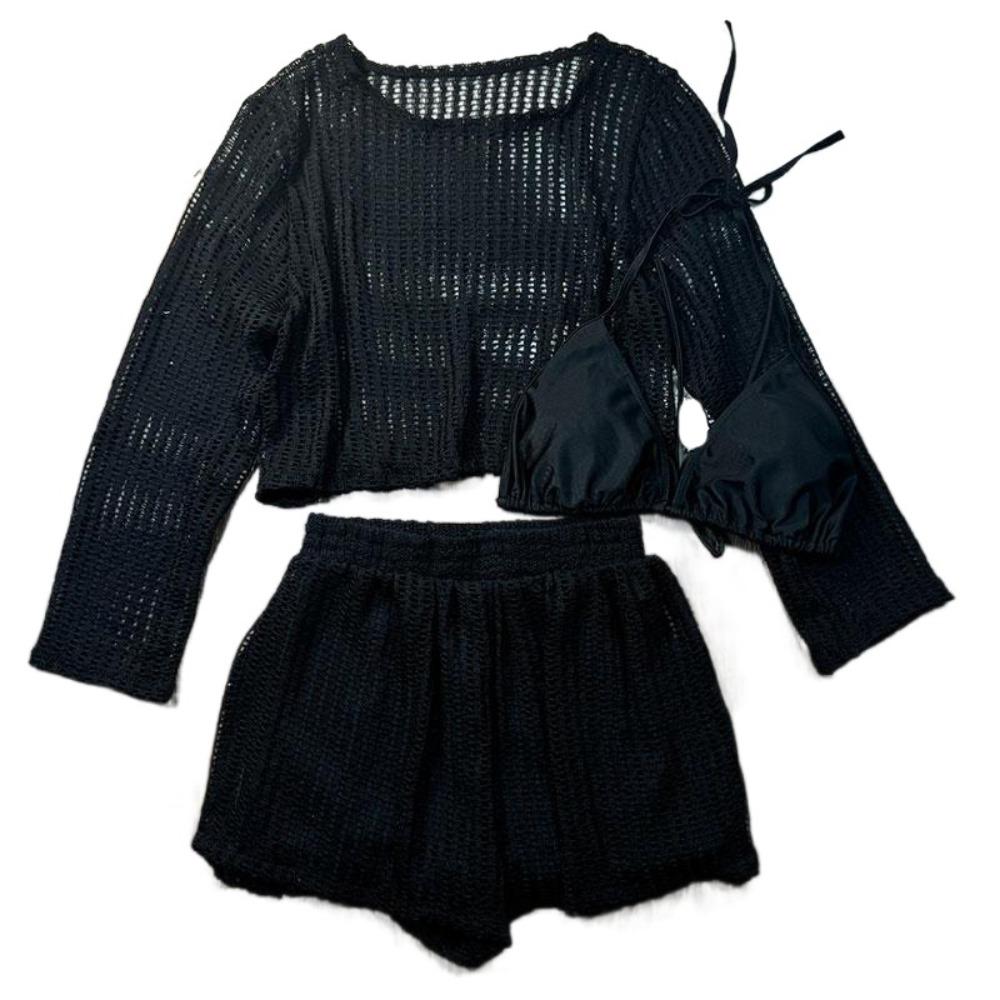 

Loose Long Sleeve Swimsuit Pullover Hollow Out Crochet Knit Bathing Suit Beachwear Clothings Sun Protection M чорний