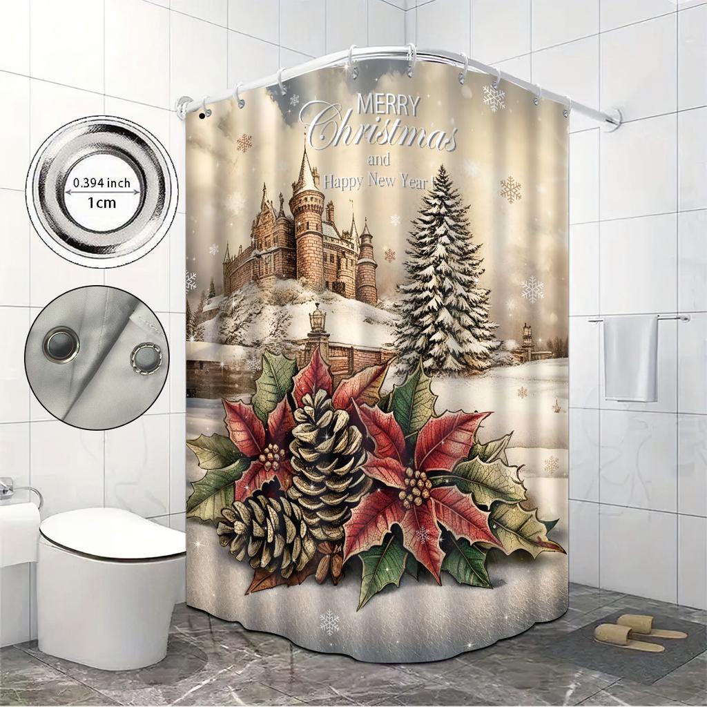1Pc Merry Christmas Printed Waterproof Shower Curtain Partition Privacy Hanging Curtain, With 12 Hooks, Easy To Install
