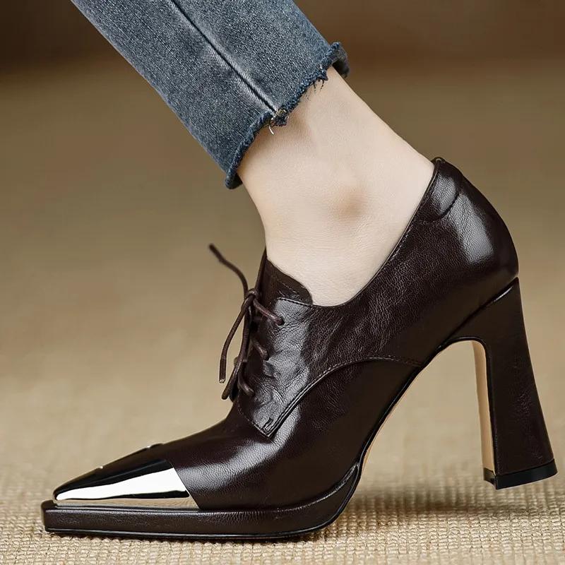 Shoes Women Lace Up Genuine Leather High Heel Pumps Female Low Top Metal Pointed Toe Wedding Party Ankle Boots Casual Shoes