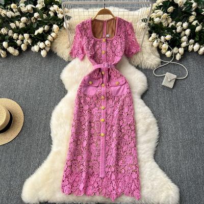Temperamento feminino decote quadrado botão de metal slim manga curta renda vestidos longos