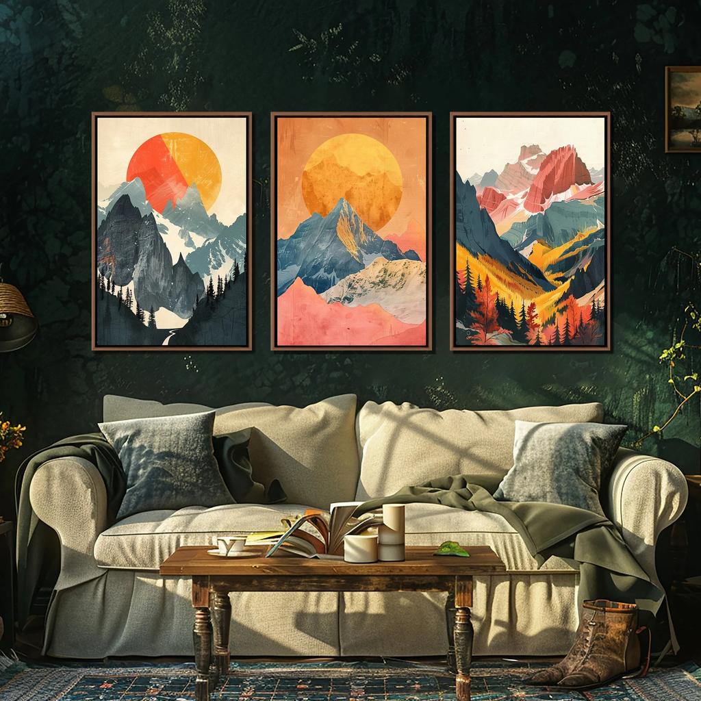 Abstract Sunset Mountain Landscape Set Of Three Wall Art, Vintage Farmhouse Decor, Living Room Canvas Art, Boho Minimalist Decor
