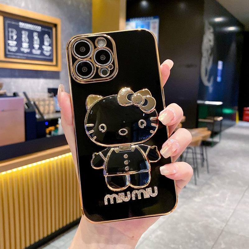 Applicable To Apple 17KT Cat Makeup Mirror Mobile Phone Case iPhone16Pro Bracket 15 Electroplating 14 Fashion Soft