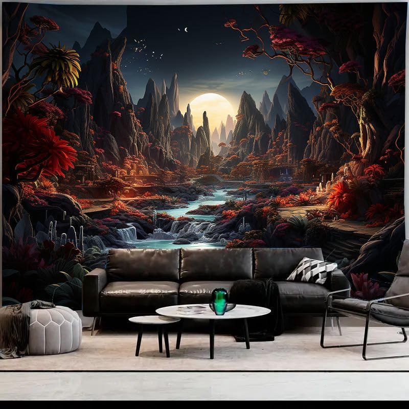 Moon Night Forest Wall Tapestry,Enchanted Wonderland Glow in the Dark Trees Mountain River Nature Landscape Decor Tapestries