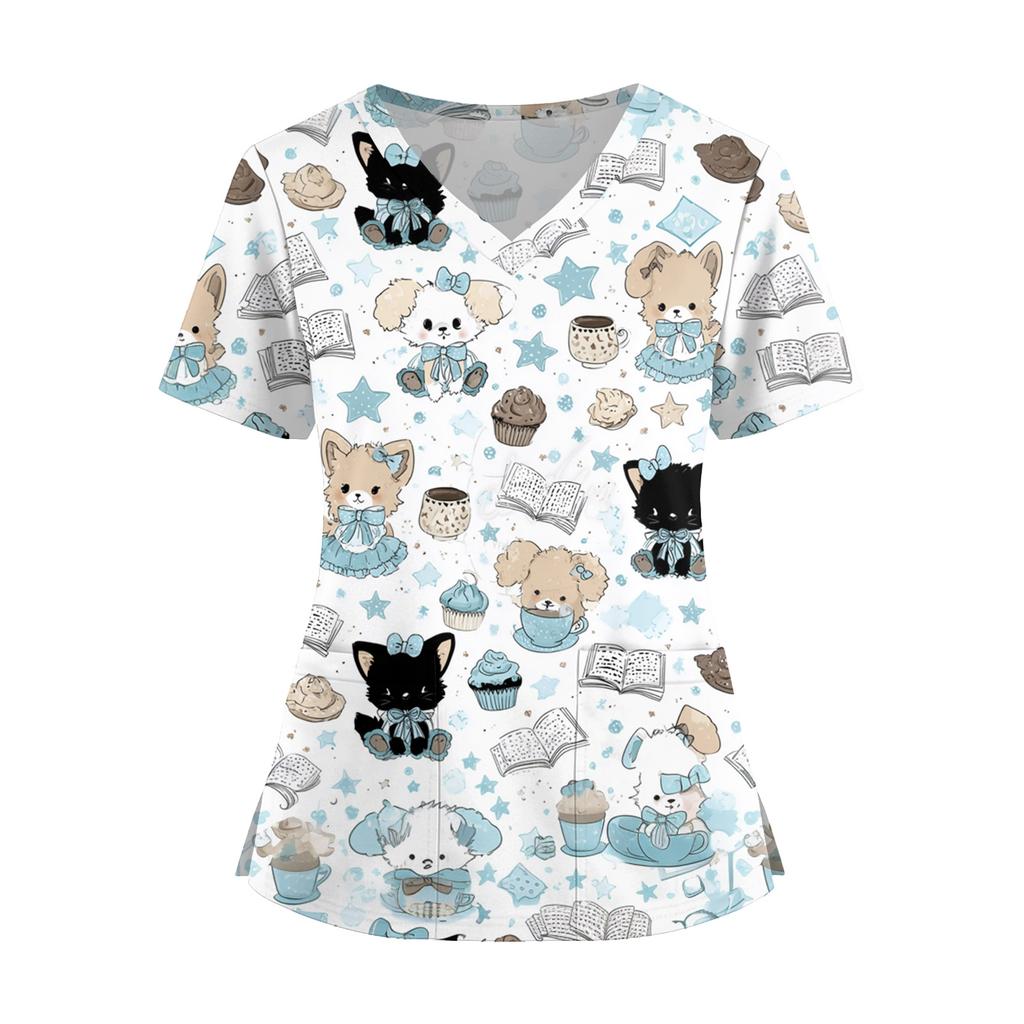 Women's Fashion V,Neck Short Sleeve Overalls With Pockets  Print Tops  Clothes