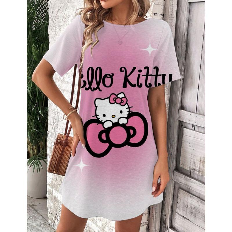 Robe d'été élégante et belle pour femme Nouvelle collection Hello Kitty Jupe courte sexy Robe mini à col rond pour femme