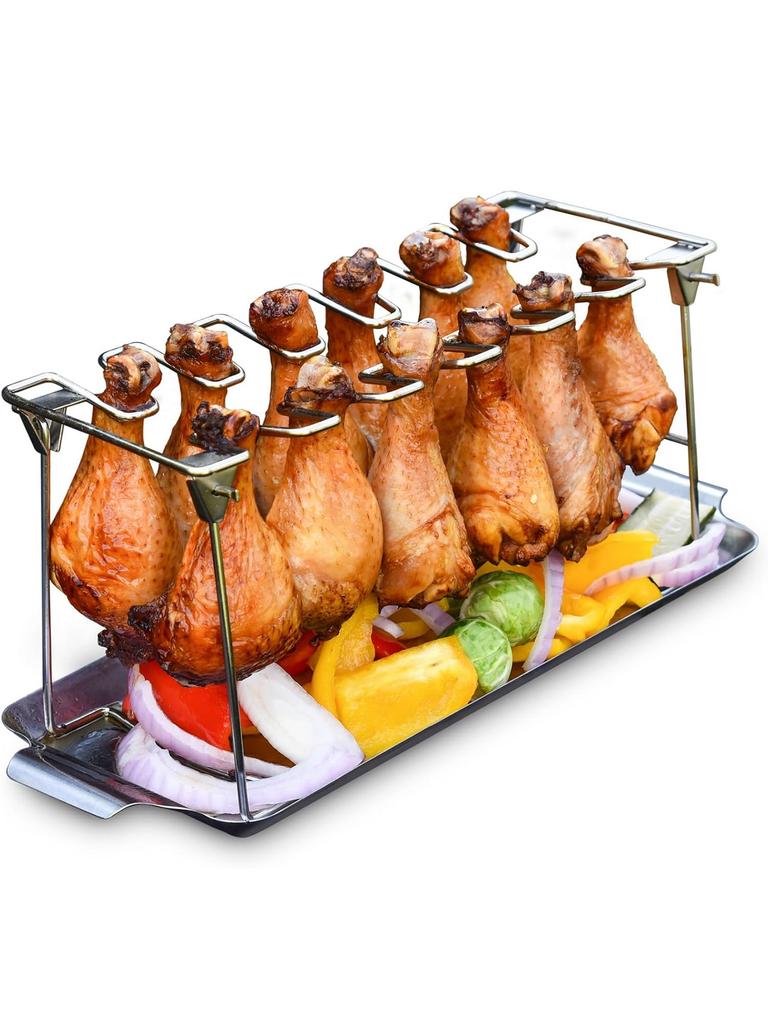 Griglia per Cosce di Pollo da Griglia con Vaschetta Raccogli Gocce - Griglia per Ali di Pollo a 14 Fessure - Griglia Premium in Acciaio Inossidabile per Cosce di Pollo per Affumicatore