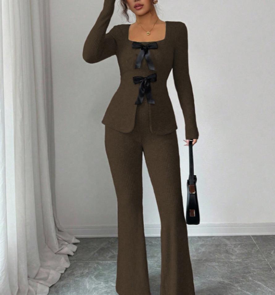 

Two Piece Set Women Outfit New Spring Autumn Fashion Bow Decor Square Collar Long Sleeve Top & Casual Flare Pants Set XL