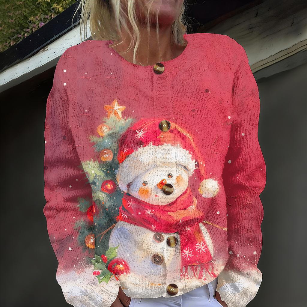 Women's Fashion Christmas Printed Long Sleeve Knitted Cardigan Button Down Jacket