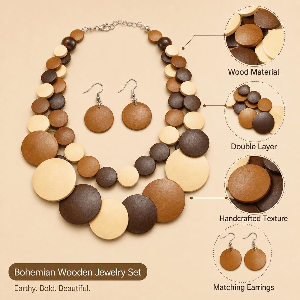 Double Layer Wooden Beaded Necklace Exaggeration Beaded Jewelry Pendant Necklace Beach Vacation