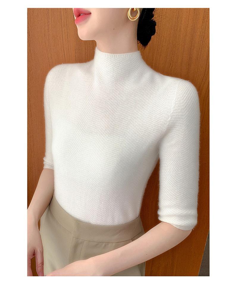 Women's Slim-Fit Knit Sweater: Half-High Neck, Mid-Sleeve, Versatile for Autumn & Winter.