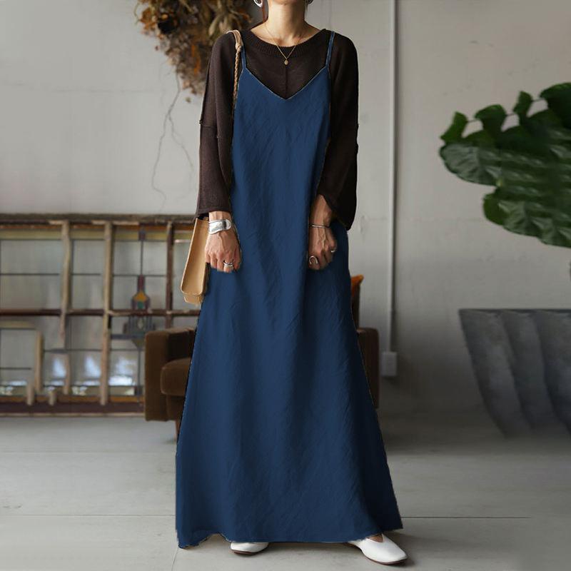 Women's Casual Loose Sleeveless Solid Skirt V-neck Backless Sexy Long Dress 2024