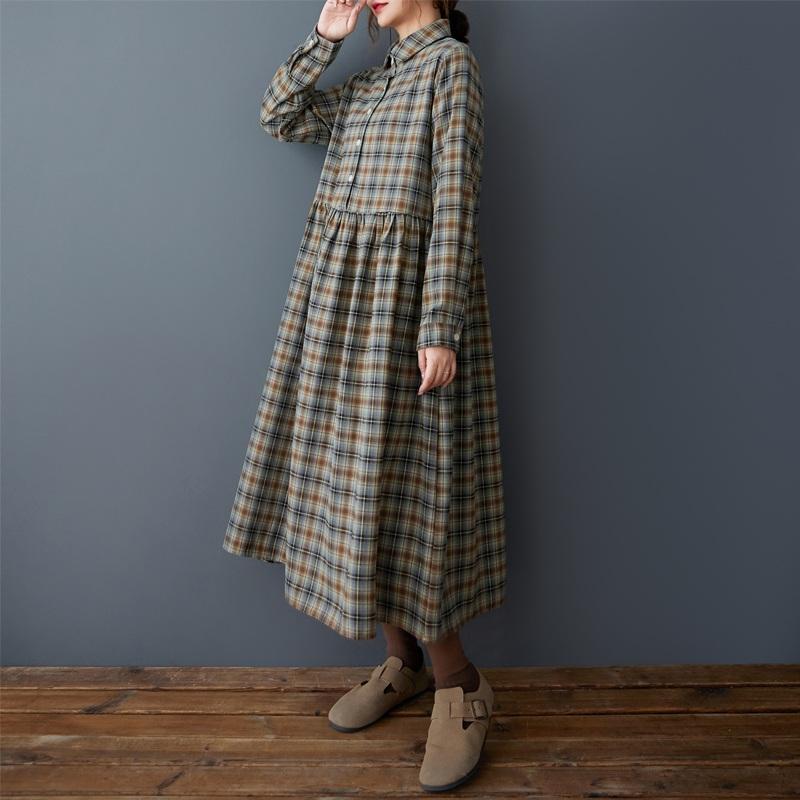 Langärmeliges Baumwoll-Vintage-Karokleid in Übergröße, neu in Kleider für Frauen, lässiges, lockeres Frühlings-Herbstkleid