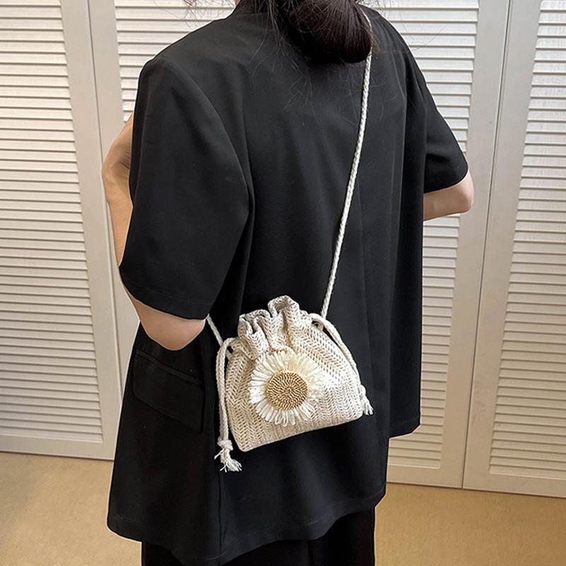 Słomkowe torby plażowe ze sznurkiem, torby z haftem kwiatowym, damskie plażowe torby typu bucket crossbody do podróży