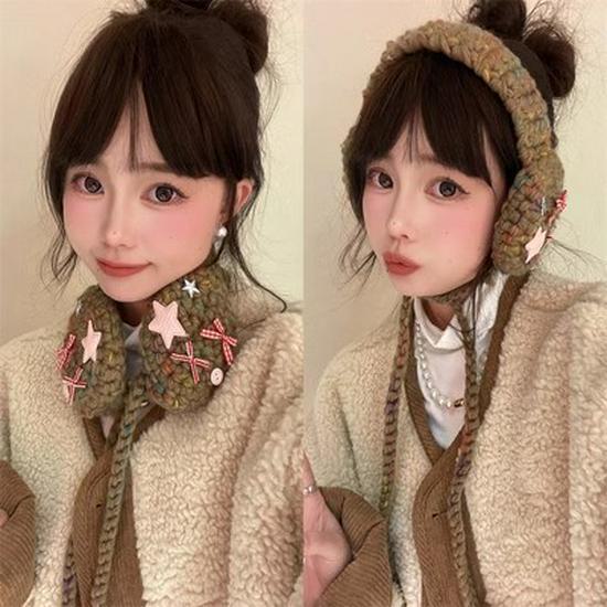 

CornerParty шерстяные наушники ручной работы: Теплый, универсальный и милый с уникальными цветными шариками. star коричневый