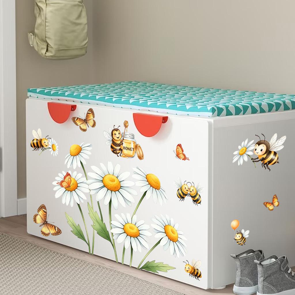 Daisies Flowers and Butterfly Bee Party Wall Stickers, Removable Anti-Static Self-Adhesive Vinyl Decals for Kids Room Living Room Bedroom Decoration