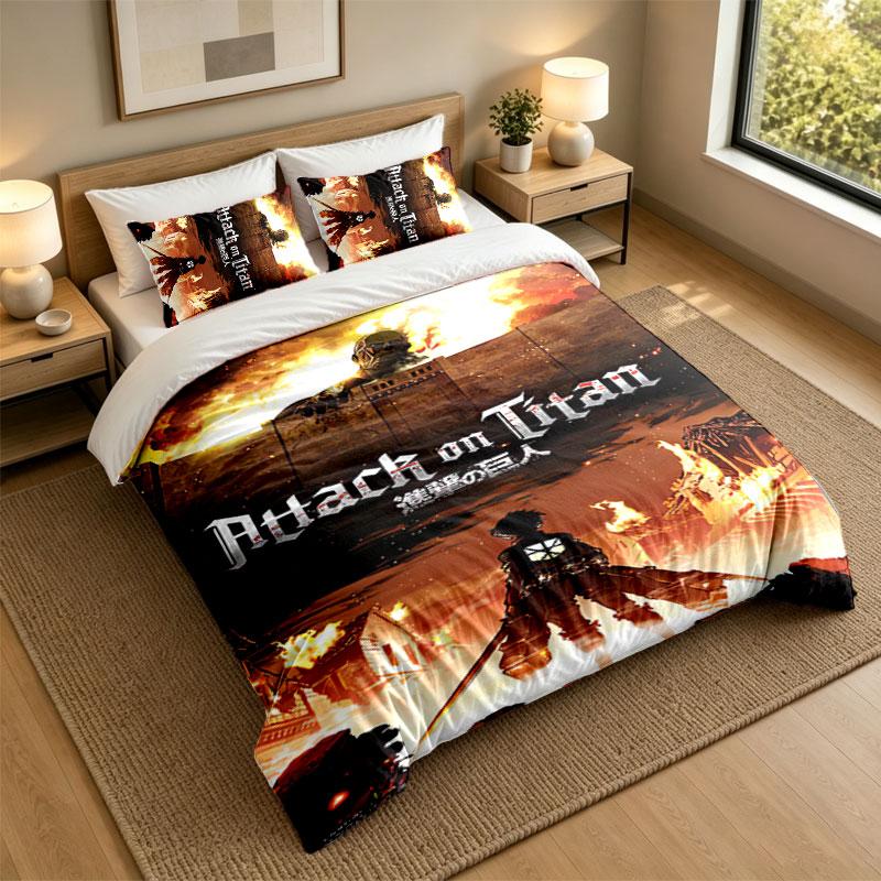 3Pcs Bedding SetAttack On Titan Soft Bed Sheet and Two Pillowcases Home Bedroom Decor