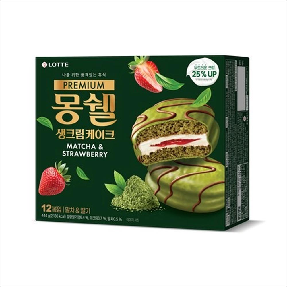 [Lotte] Moncher Premium Cream Cake Matcha & Strawberry (2 Boxes) - Long Shelf Life Snack, Shelf-Stable Fudgy K-Dessert (Authentic) 444g x 2box