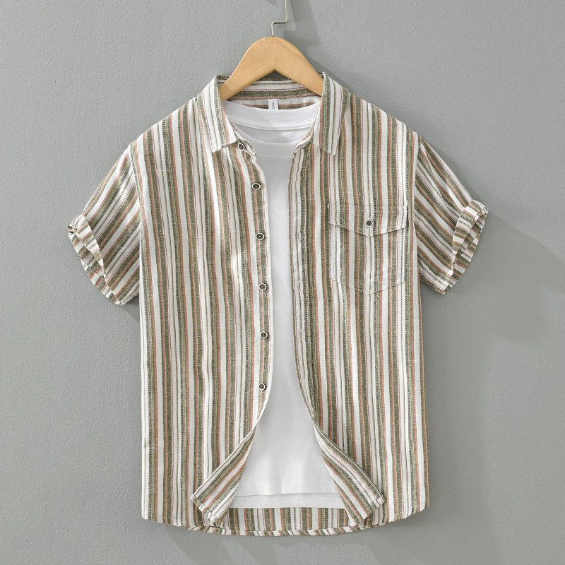 Fresh Breathable Color Matching Stripe Linen Short sleeve Shirts Men's Summer Casual Half Sleeve Japan fashion Retro Cotton and Linen Shirt