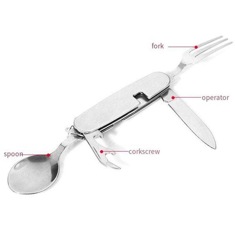 Multi-Functional Camping Cutlery Set Stainless Steel Folding Fork Spoon Knife Opener Detachable Tableware Travel Picnic Utensils