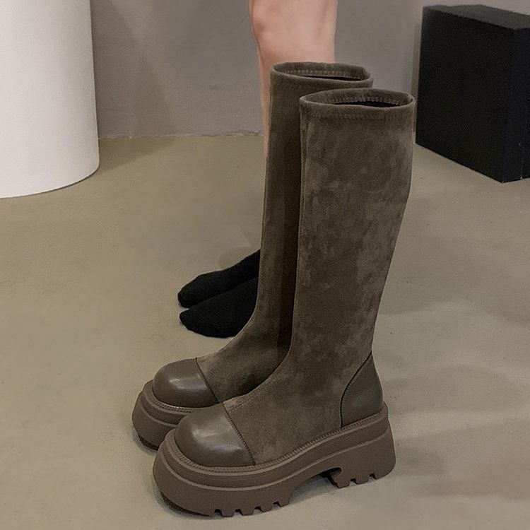 Small Versatile Retro Thick-soled Elastic Thin Boots 2025 Autumn New Super Hot Fashion But Knee Boots Women