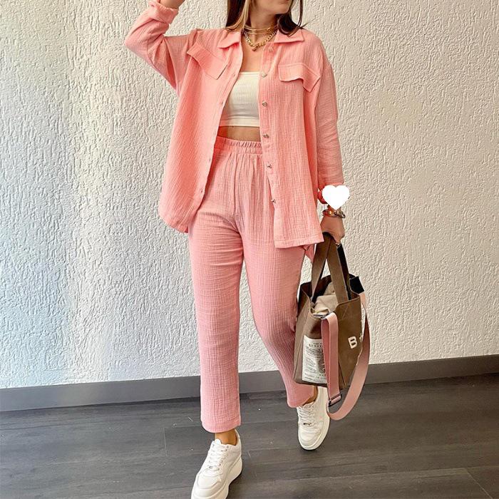 2024 Plus Size Women's Casual Crepe Loose Lapel Long Sleeve Shirt Set - European & American Style