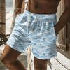 Men's Blue-White Gradient Wave Stripe Print Drawstring Shorts, Spring