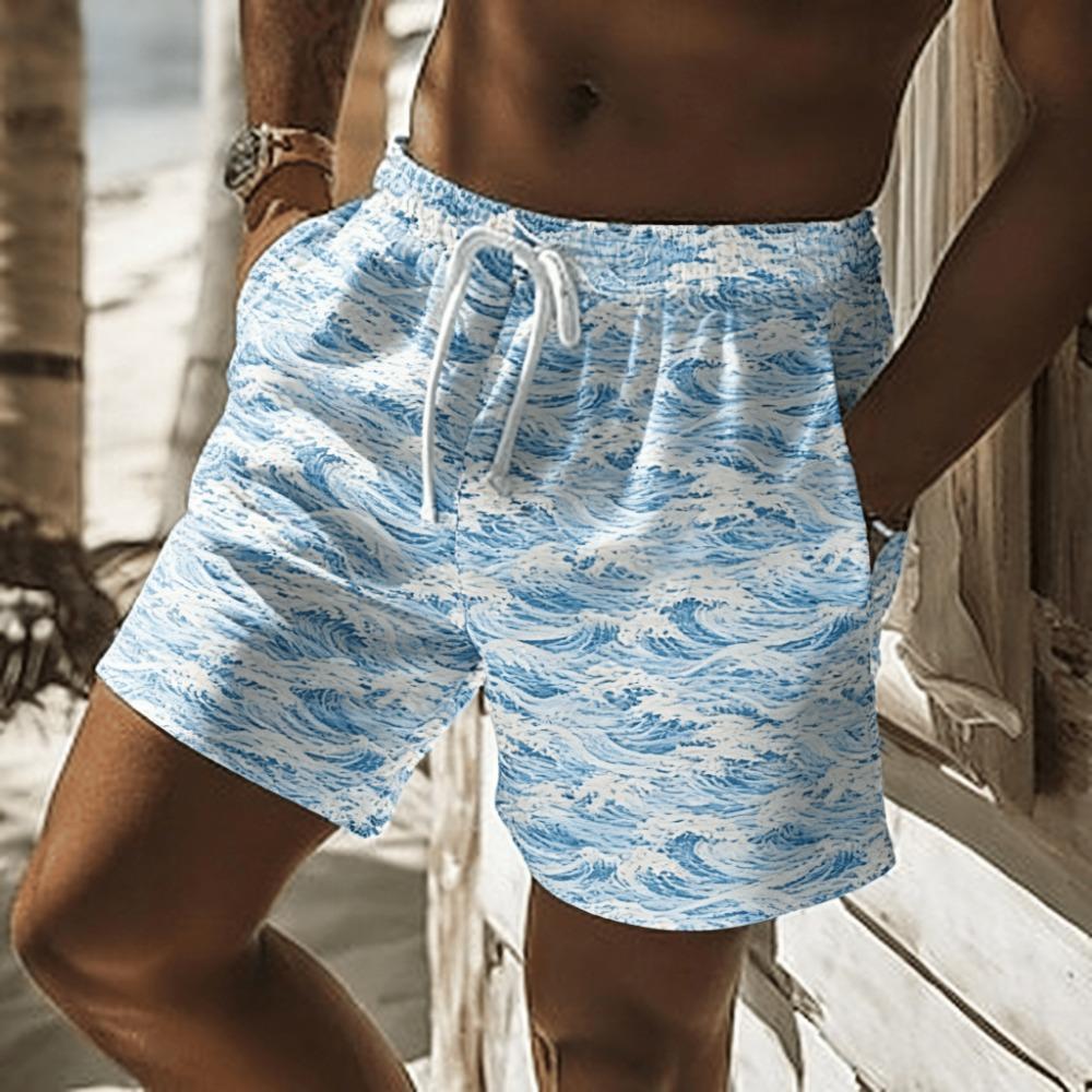 Men's Blue-White Gradient Wave Stripe Print Drawstring Shorts, Spring