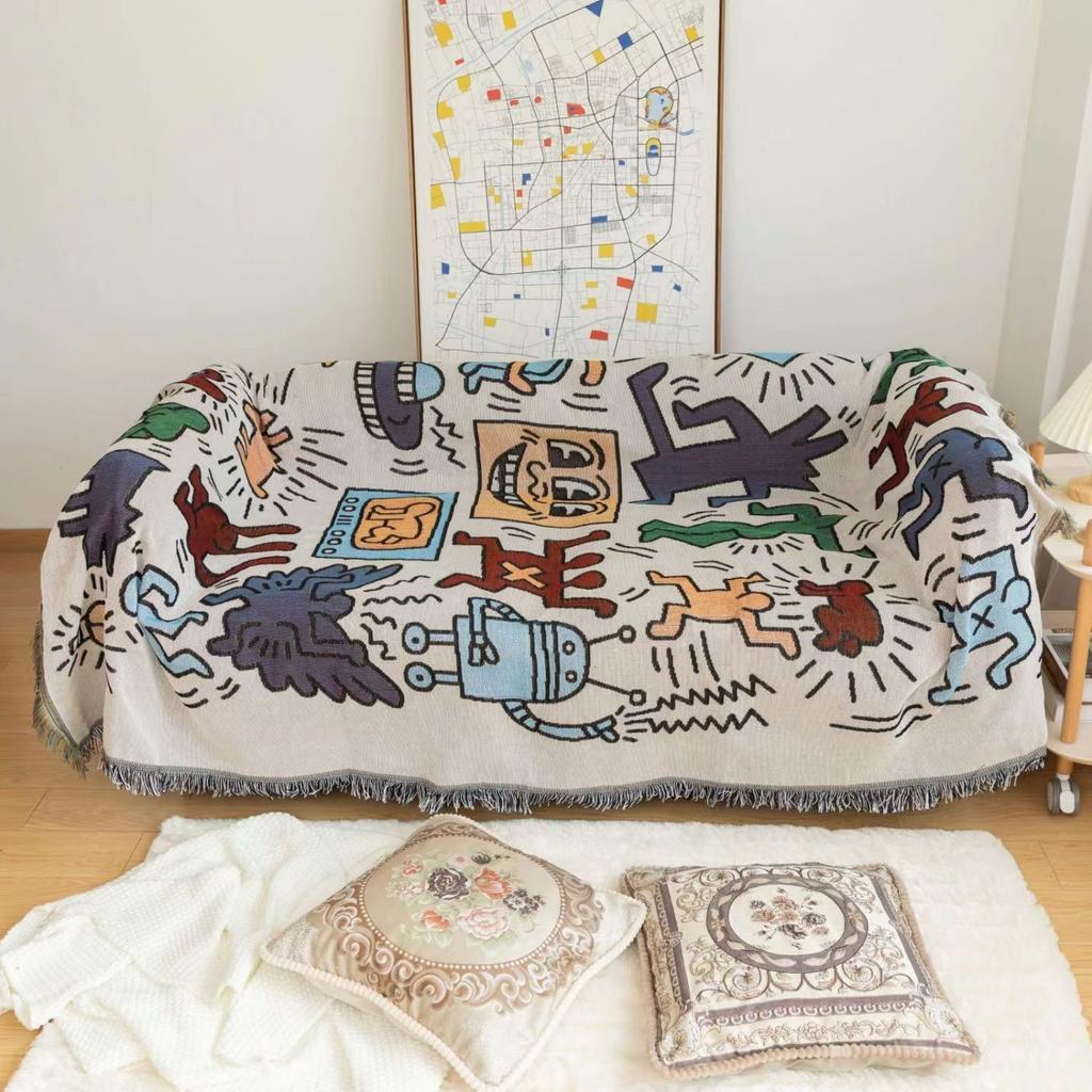 Textile City Puzzle Throwing Blanket Jacquard Weaving Graffiti Home Decoration Tassel Tapestry Picnic Blanket Moisture Proof