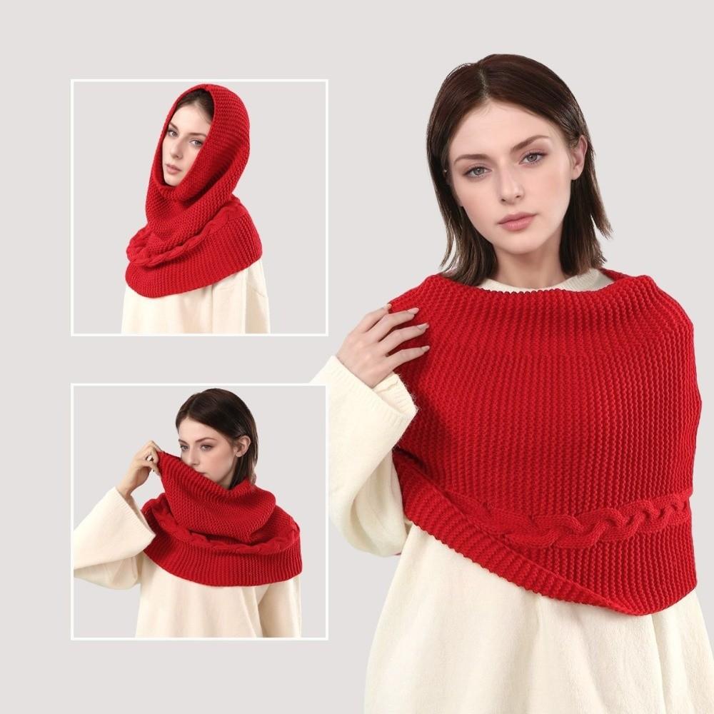 Thickened Women's Knit Scarf Warm Winter Neck Warmer Versatile Hooded Scarf Winter Wear