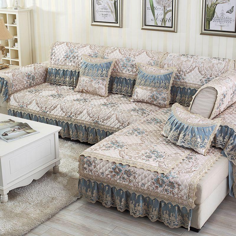 

Universal European Sofa Cushion Fabric All Year Round Neutral Lace Modern Sofa Cover All-Inclusive Backrest Towel Cover Full Covered Accessible Luxury Mandy-Flower Blue 60 * 60cm