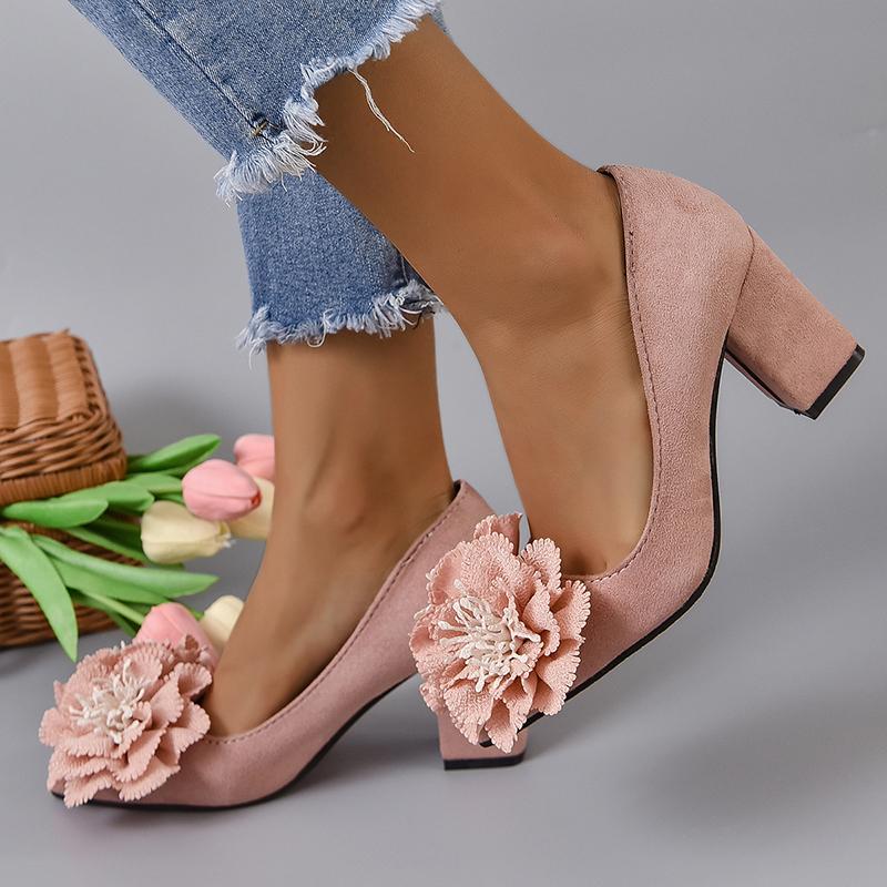 Aphixta Big Flowers With Stamens 7cm Square Heels Pumps Women Students And Adults Pointed Toe Flock Suede Shoes Plus Size 30-50