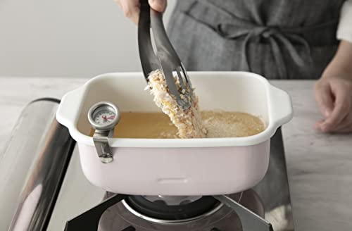 [Amazon.co.jp Exclusive] Fuji Horo Square Tempura Pot, Pink, IH Compatible, Includes Thermometer, Frying Net, and Tray, Gift Item