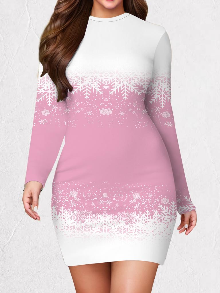 2025 Autumn and Winter New Women's Hip-wrapped Dress,3D Snowflake Printing and Dyeing Women's Fashion Long-sleeved Round Neck Hip-wrapped Dress