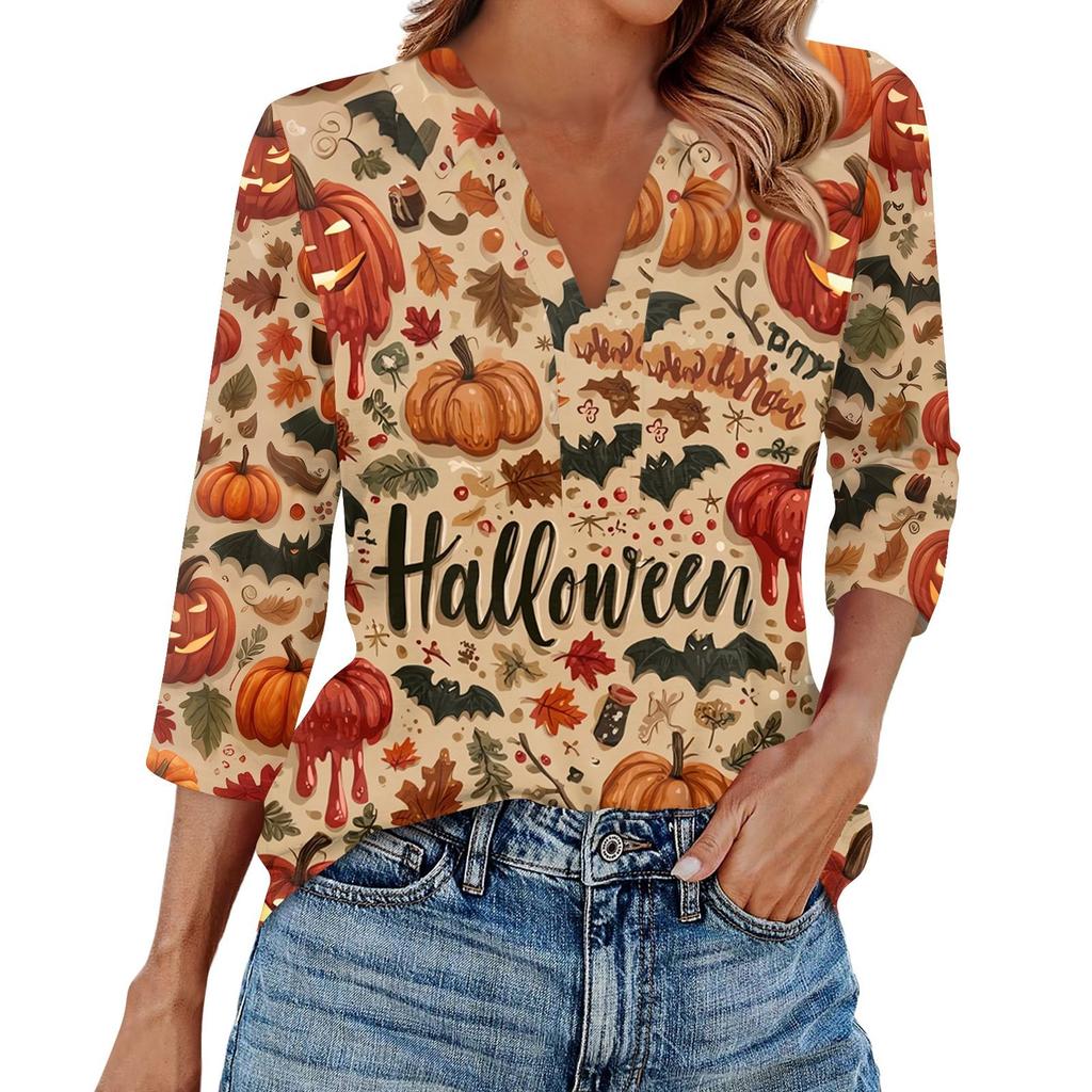 Mote dame casual jakkeslag 3/4 erme Halloween-trykk skjorte dame V-hals topper
