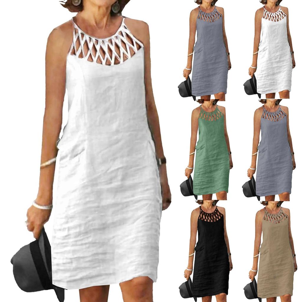 Women Summer Linen Dress Loose Tiered Flowy Midi Sleeveless Tank Sun Dress