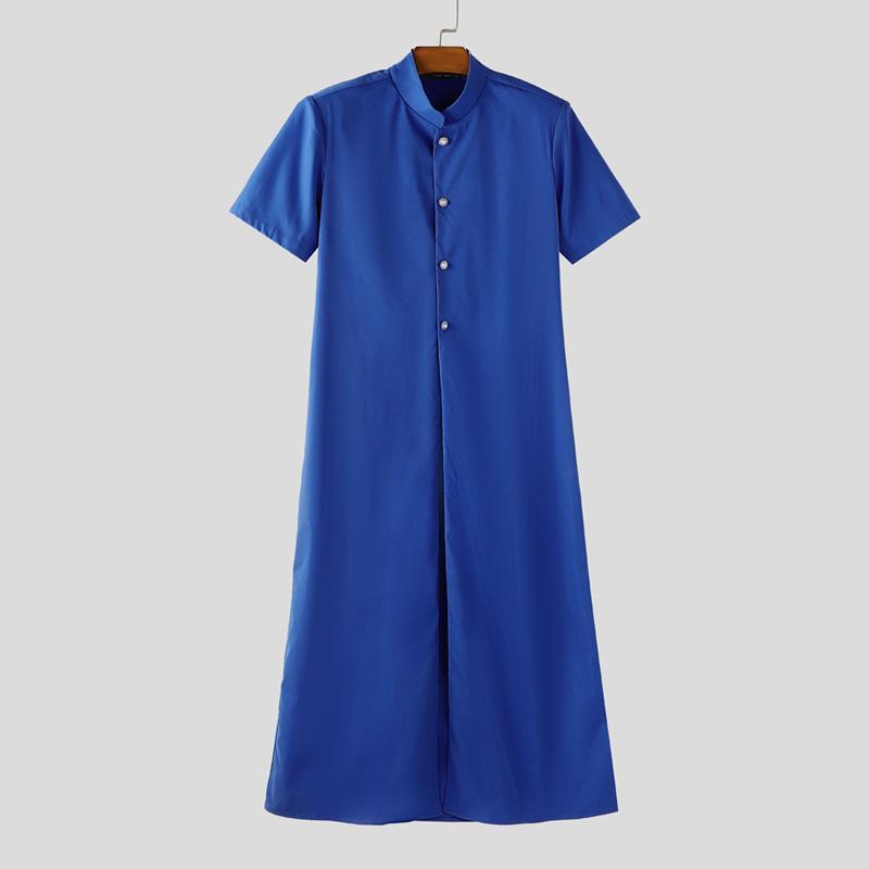 

INCERUN Men Stand Neck Short Sleeve Casual Split Long Tunic Tops 5XL синій