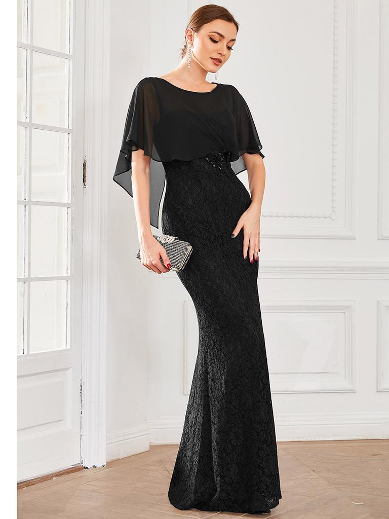 Ever-Pretty Women's Crewneck Chiffon Shawl Lace Bodice Mermaid Wedding Guest Dress Evening Dresses