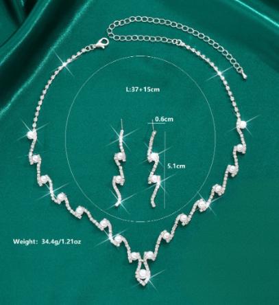 Set Earrings Necklace Wedding Silver Rhinestones Pearls Feminine Elegant B22