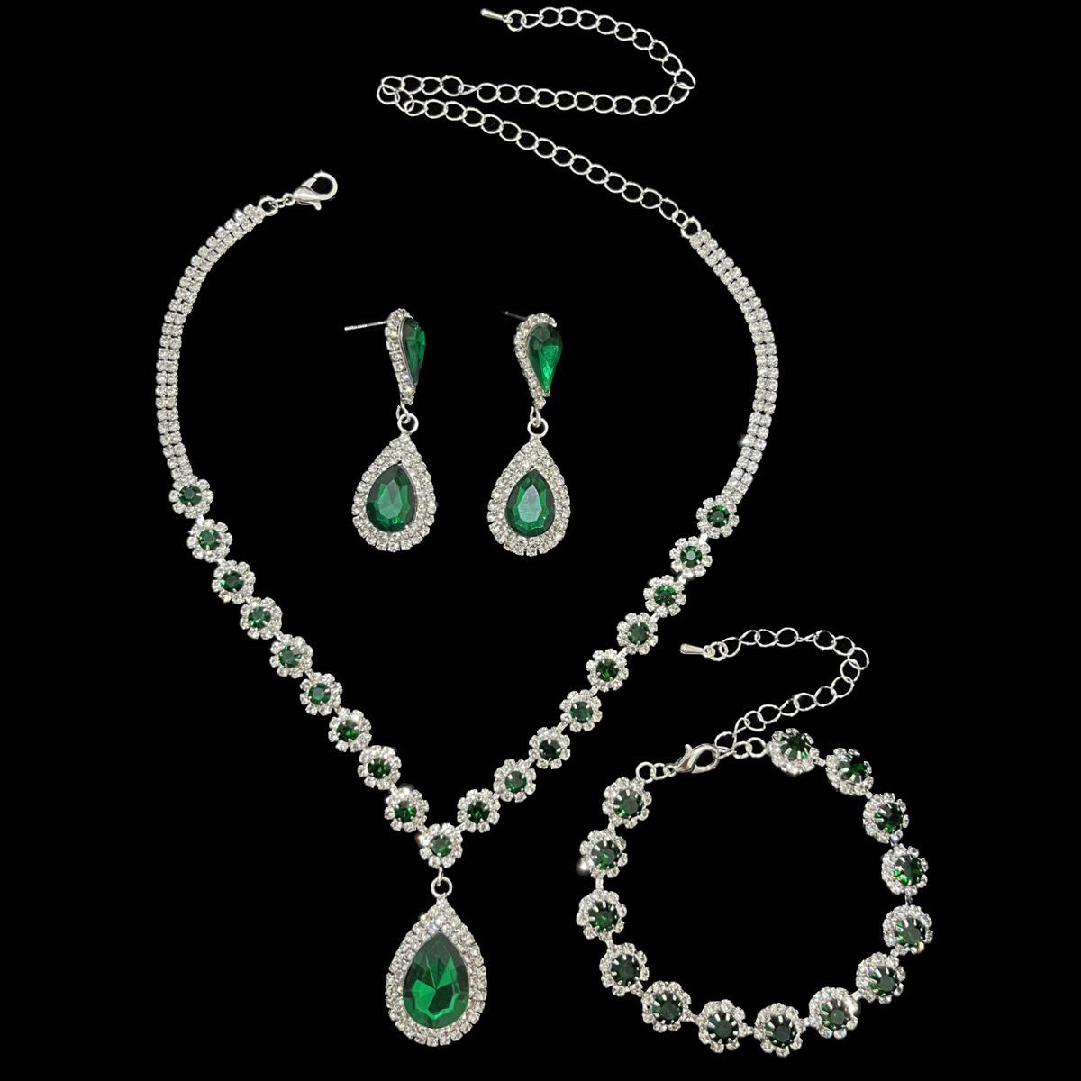 Mode Strass Bloemen Ketting Oorbellen Armband Drie Delen Bruiloft Bruids Sieraden Set groen