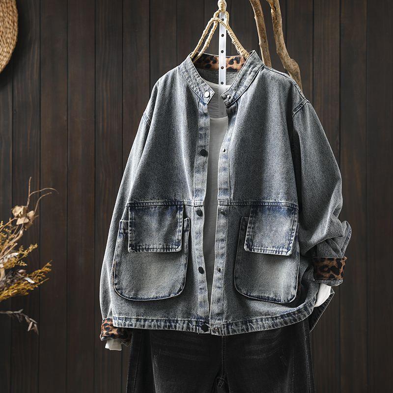 Denim Jacket Blouse Shirt for Women Long Sleeve Large Pockets Casual Oversize Stand Collar Loose Coat Top