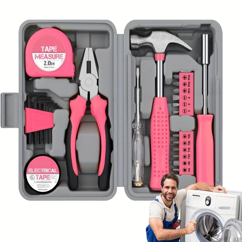Tool Set 24pcs Pink Household DIY Tool Kit for Women. Small Mini Tool Box Set of Starter Basic Ladies Tools