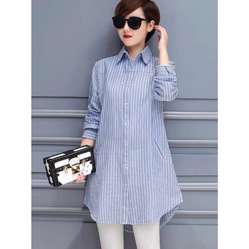 

Plus Size Spring and Autumn 2025 New Women s Tops Women s Outwear Long Sleeves Cotton and Linen Blue Shoulder Stripes Shirt Blue and White 4XL (75.00kg -80.00kg)