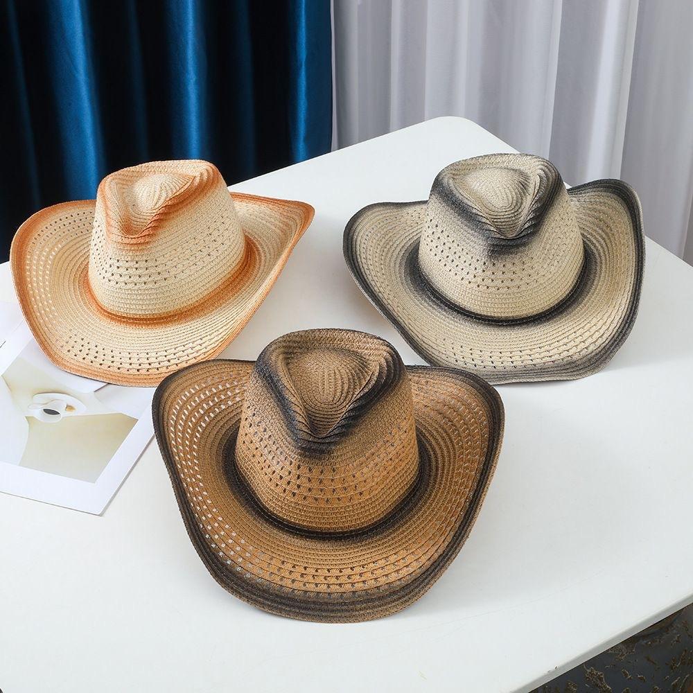 Western Cowboy Straw Hat Retro Ethnic Style European and American Jazz Hat Outdoor Travel Grassland Leisure Hat Curved Brim Hat Tide