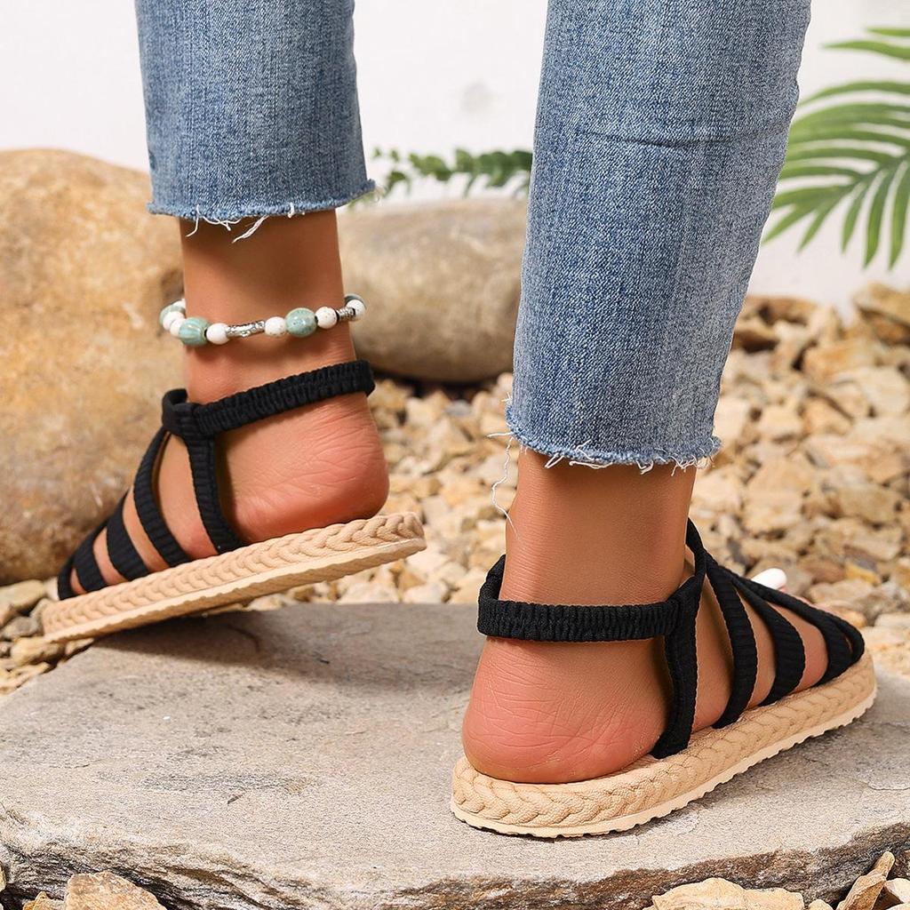 Summer New Imitation Grass Woven Travel Women's Flat Heel Sandals, Wearing Linen Soled Sandals Outside, Women's Beach Slope Heel Slippers